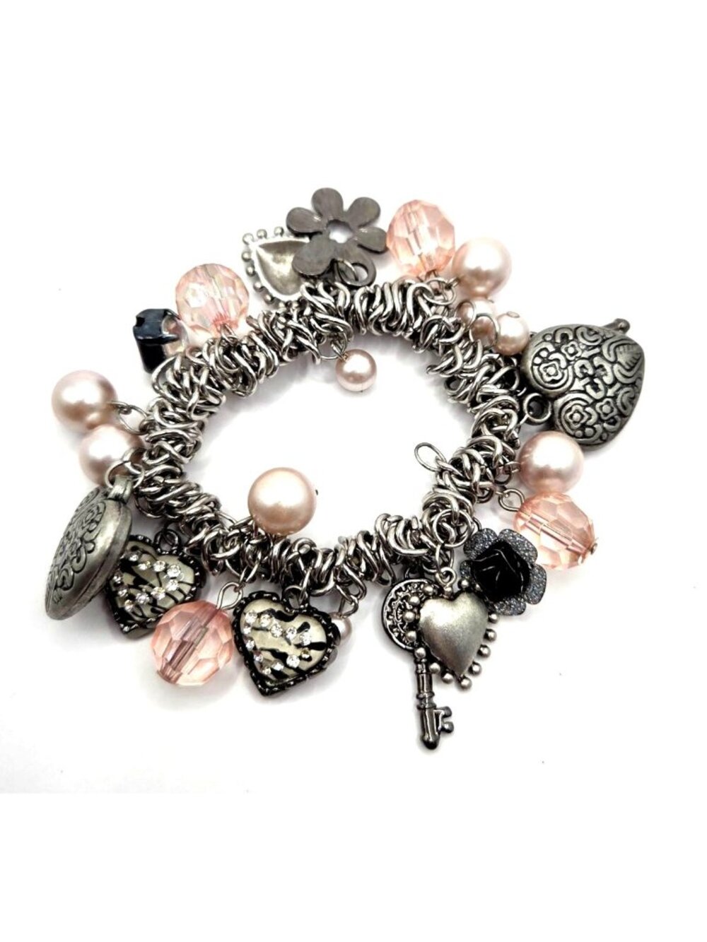 Vintage-Style Charm Bracelet With Hearts Keys & Pink Beads In Silver-Tone Finish